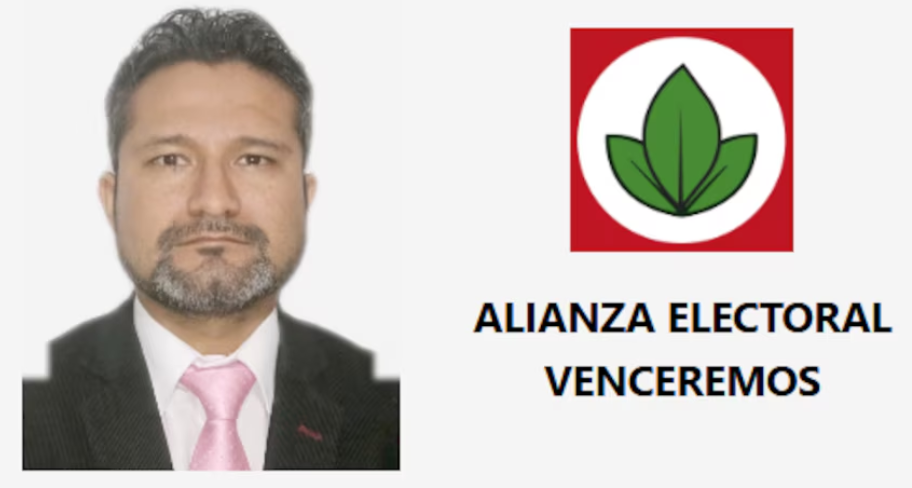 Foto del rostro del candidato a la izquierda, el logo del partido Venceremos a la derecha