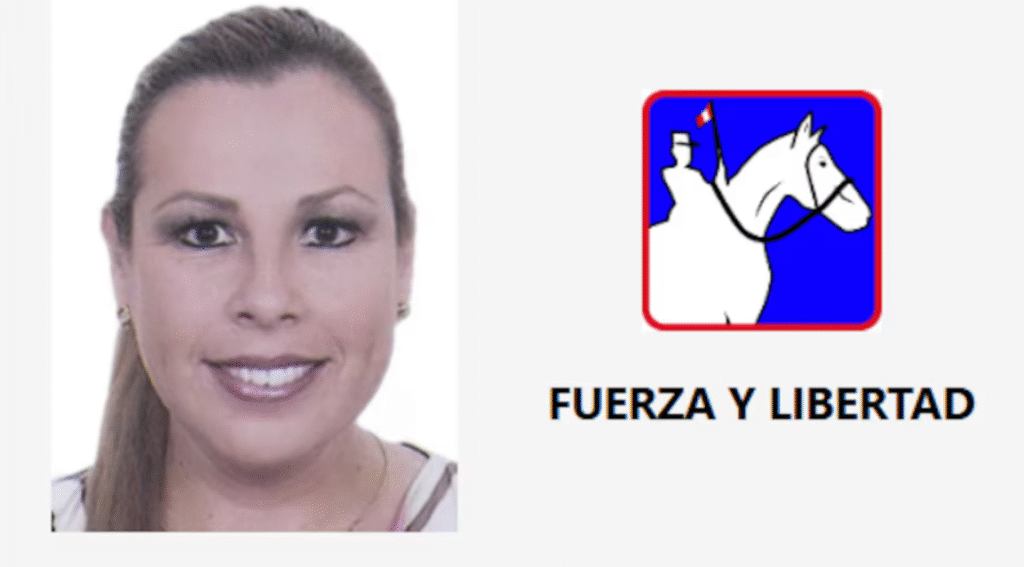 Foto de Fiorella Molinelli y logo del partido Fuerza y Libertad