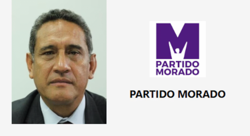 Fotografía de Mesías Guevara a la izquierda y el logo del partido Morado a la derecha.