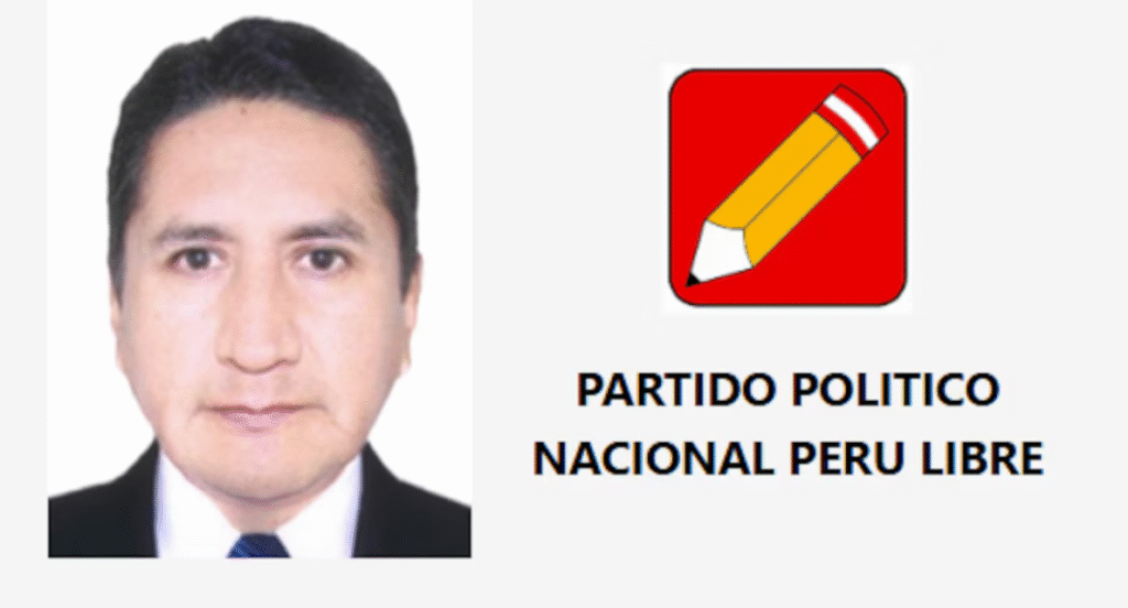 Fotografía de Vladimir Cerrón a la izquierda y el logo de Perú Libre a la derecha.