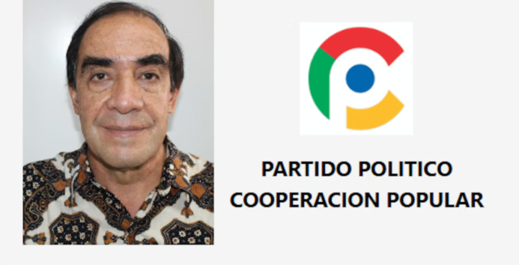 Yonhy Lescano a la izquierda y el logo de Cooperación Popular a la derecha.