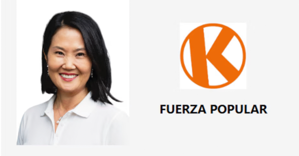 Fotografía de Keiko Fujimori a la izquierda y el logo de Fuerza Popular a la derecha.