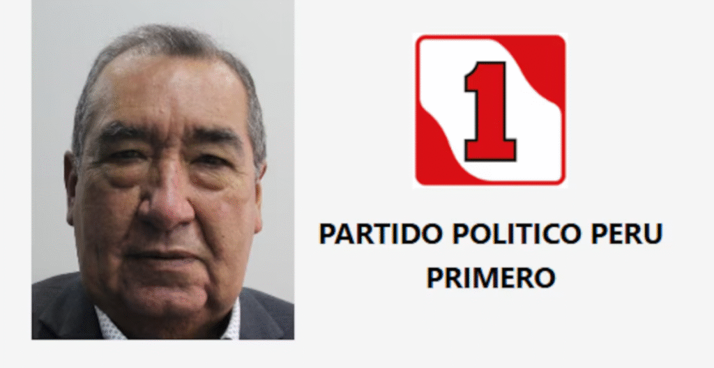 Fotografía de Mario Vizcarra a la izquierda y el logo de Perú Primero a la derecha.