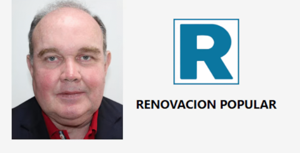 Fotografía de Rafael López Aliaga a la izquierda y el logo de Renovación Popular a la derecha.