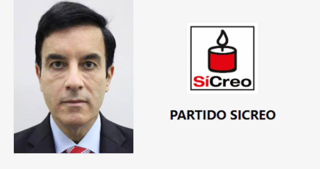 Fotografía de Carlos Espá a la izquierda y el logo del partido Sí Creo a la derecha.