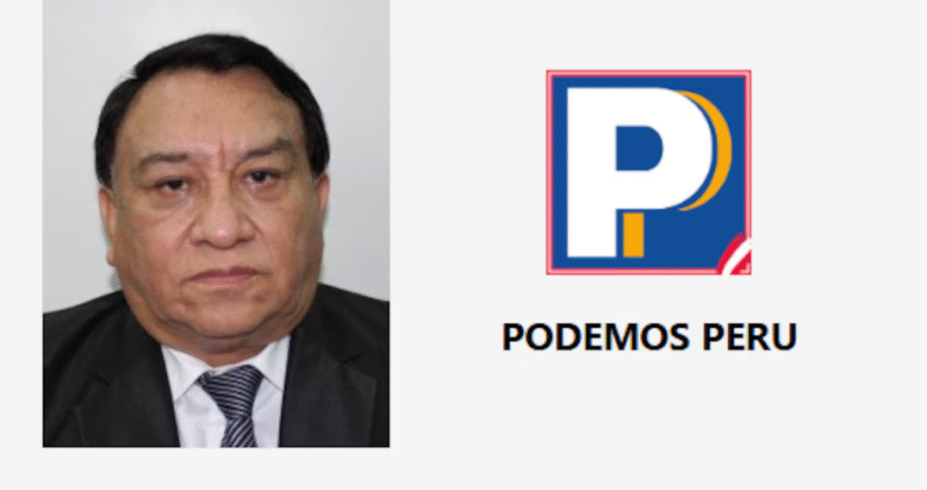 Fotografía de José Luna a la izquierda y el logo de Podemos Perú a la derecha.