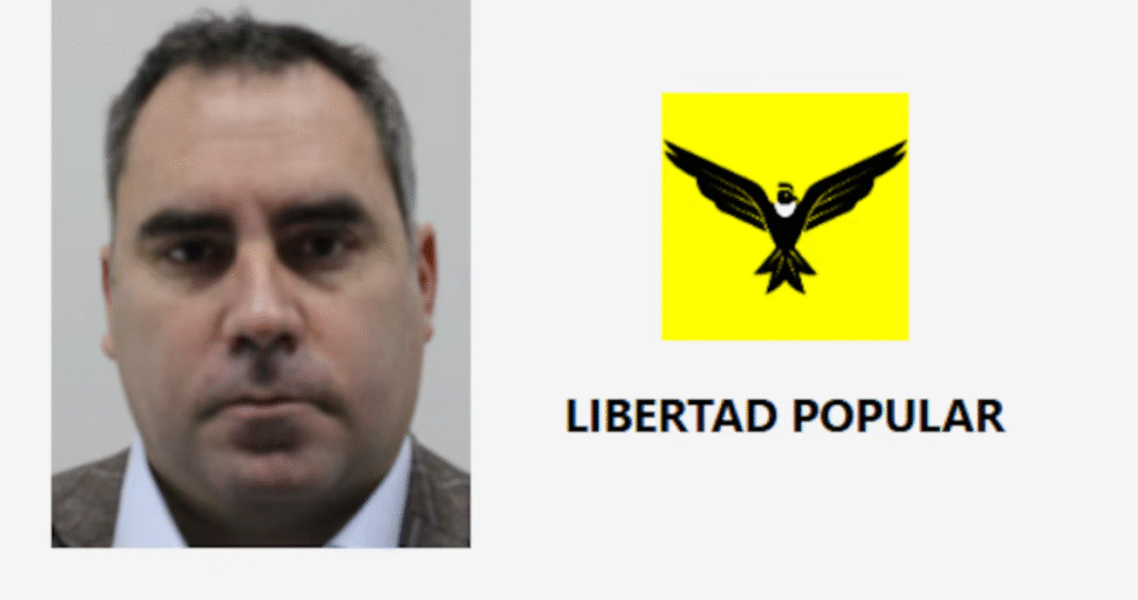 Fotografía de Rafael Belaunde a la izquierda y el logo de Libertad Popular a la derecha.
