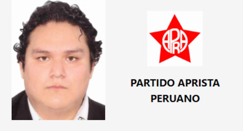 Fotografía de Enrique Valderrama a la izquierda y el logo del APRA a la derecha.